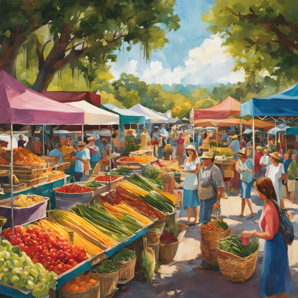 An image that showcases the vibrant farmers market on Johns Island, with colorful stalls offering a variety of Kombucha tea flavors