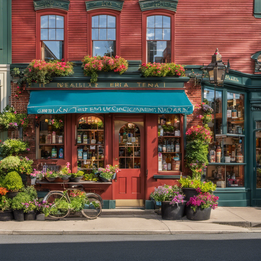 An image showcasing a quaint street in Bellingham, MA, adorned with vibrant storefronts