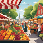 An image showcasing a vibrant, bustling farmers market in the UK, adorned with an array of colorful stalls selling an assortment of Kombucha tea flavors