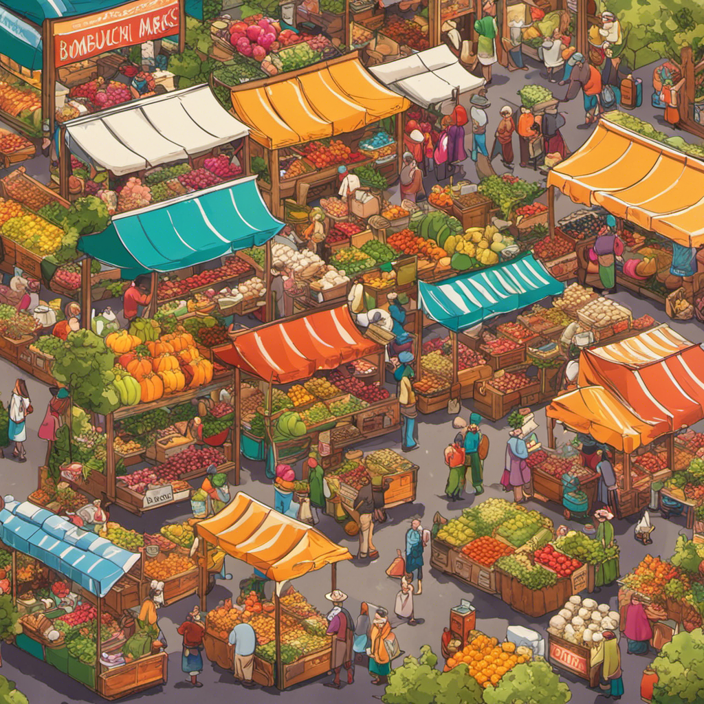 An image showcasing a vibrant, bustling farmers market in the UK, adorned with an array of colorful stalls selling an assortment of Kombucha tea flavors
