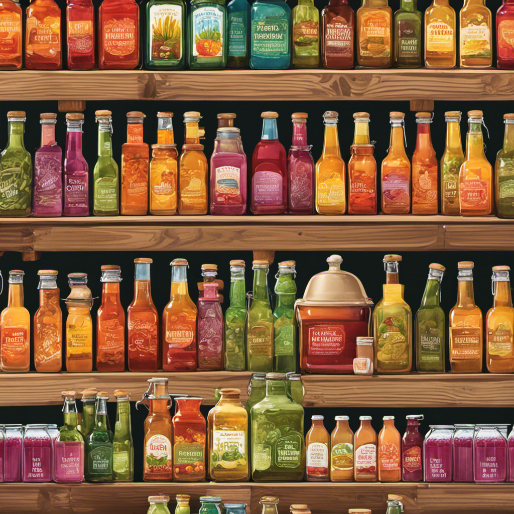 An image capturing a vibrant farmers market scene with rows of colorful stalls displaying an array of Kombucha tea bottles and glasses, enticing customers with their refreshing flavors and unique labels