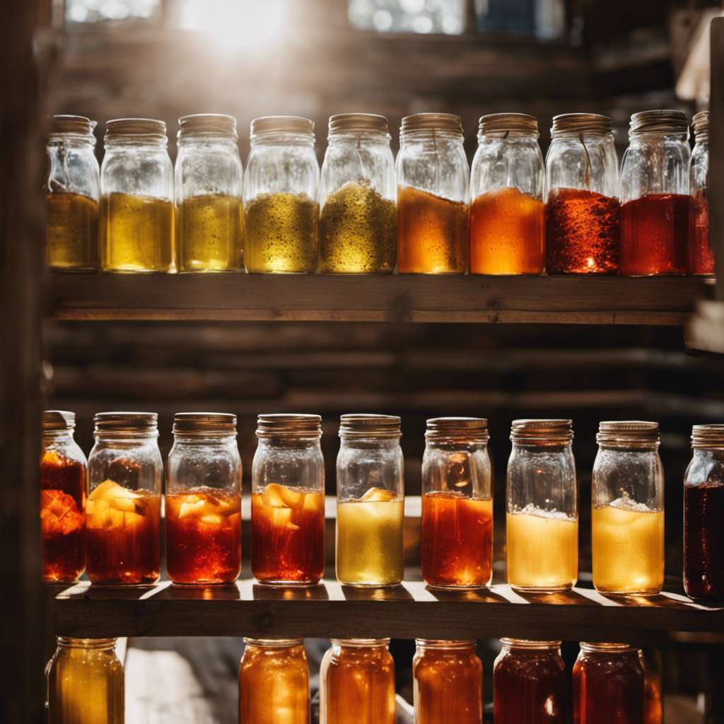 An image showcasing rows of glass jars, each filled with vibrant, effervescent kombucha tea