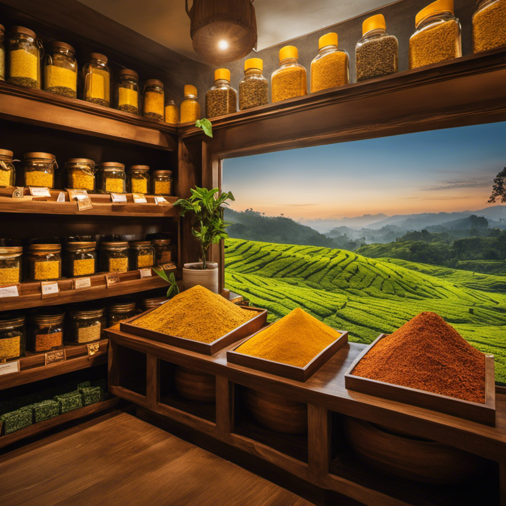 An image showcasing a serene tea shop nestled amidst lush green tea fields