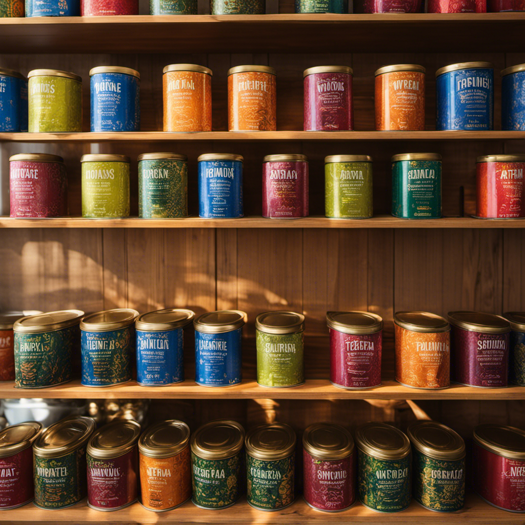 An image showcasing a vibrant display of Yerba Mate Berry Blue cans arranged on a wooden shelf at a specialty tea store