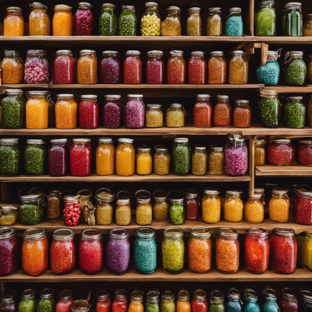 An image showcasing a vibrant farmers market with an array of colorful glass jars filled with fizzy Kombucha, surrounded by lush green tea leaves, ripe fruits, and an assortment of unique brewing vessels