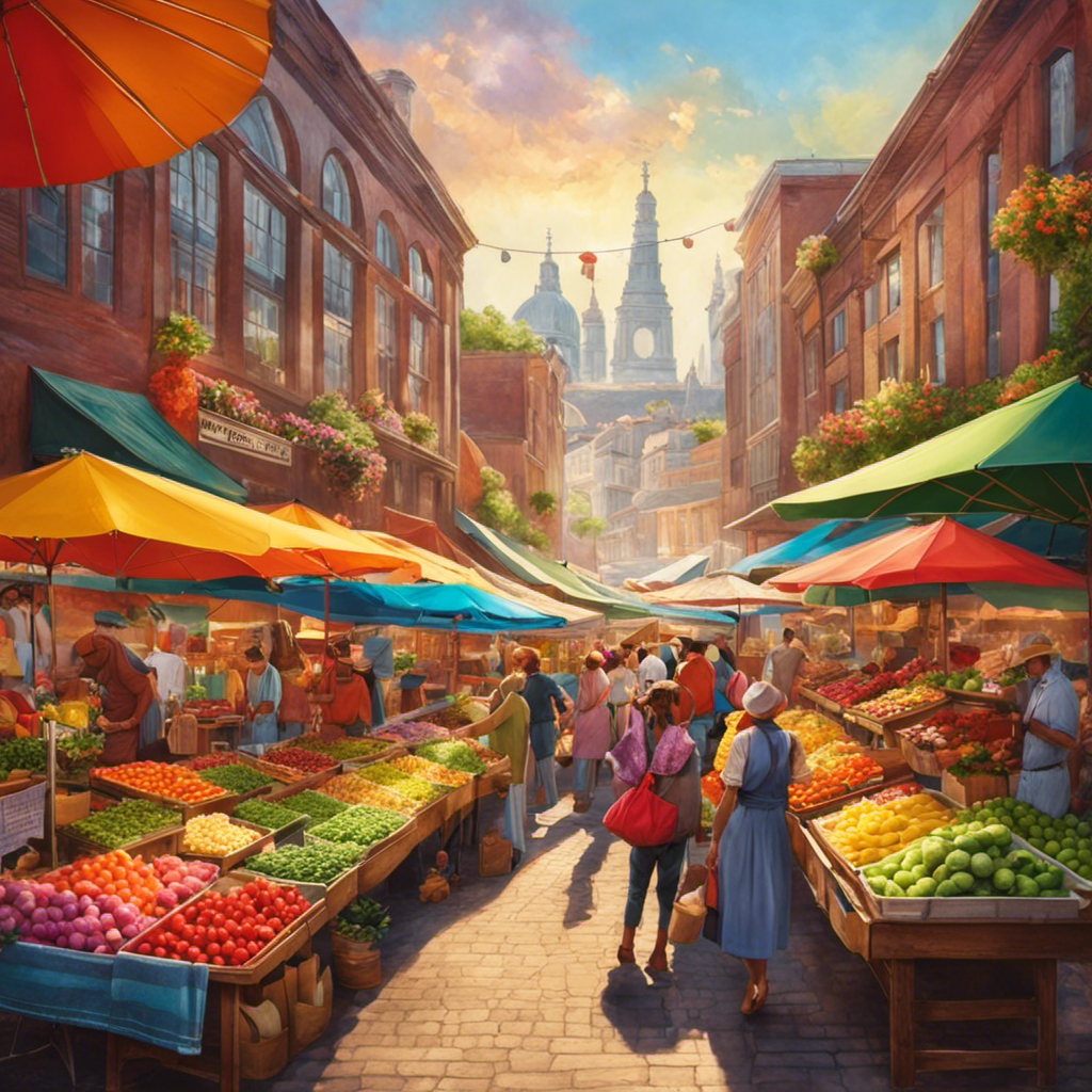 An image showcasing a bustling farmers market, with vividly colored stalls offering an array of glass jars filled with effervescent, jewel-toned Kombucha tea