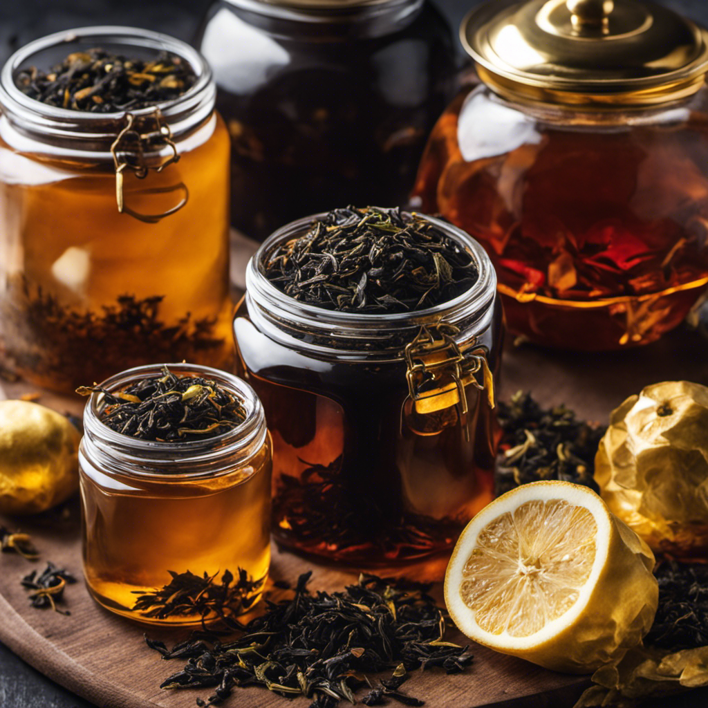 An image showcasing a variety of black tea leaves, elegantly steeping in glass jars filled with golden kombucha