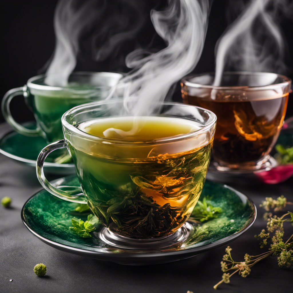 An image showcasing two teacups filled with vibrant, steaming brews - one filled with emerald green tea and the other with obsidian black tea kombucha