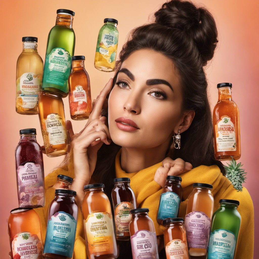 An image featuring a woman holding three different bottles of Kombucha tea, with distinct flavors and labels clearly visible