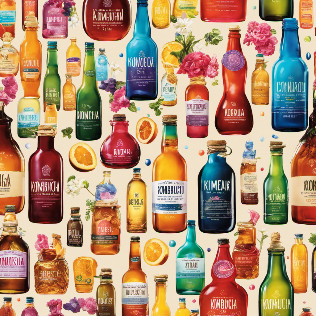An image showcasing an assortment of colorful glass bottles filled with various flavors of Kombucha tea, each bottle adorned with vibrant labels and condensation droplets, enticing readers to explore the diverse world of this fermented beverage