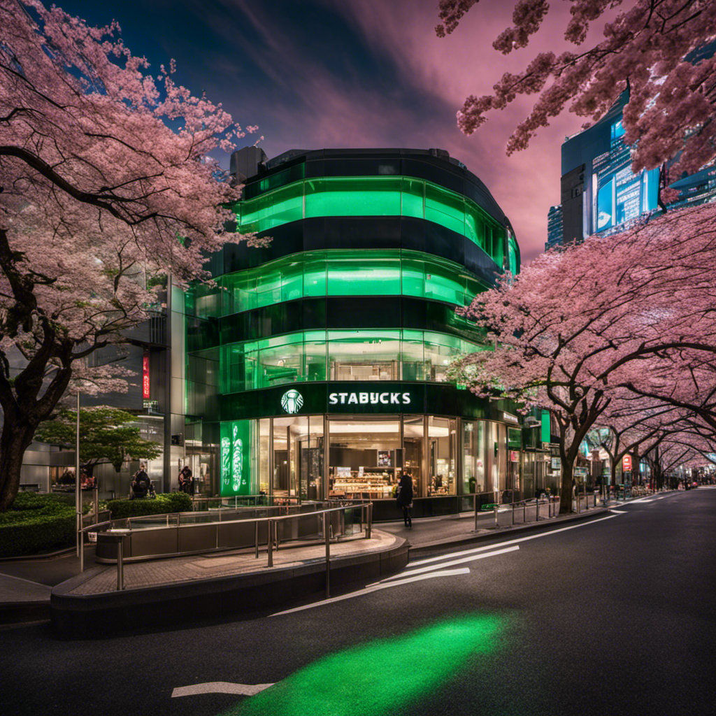 a bustling Tokyo street, lined with neon-lit skyscrapers and cherry blossom trees, as it leads to a sleek, glass-fronted Starbucks store