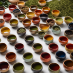 An image showcasing a variety of loose tea leaves, such as green, black, oolong, and white tea, arranged in colorful ceramic bowls