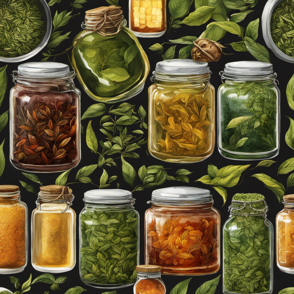 An image showcasing a variety of vibrant tea leaves, such as green, black, and oolong, in glass jars with labels