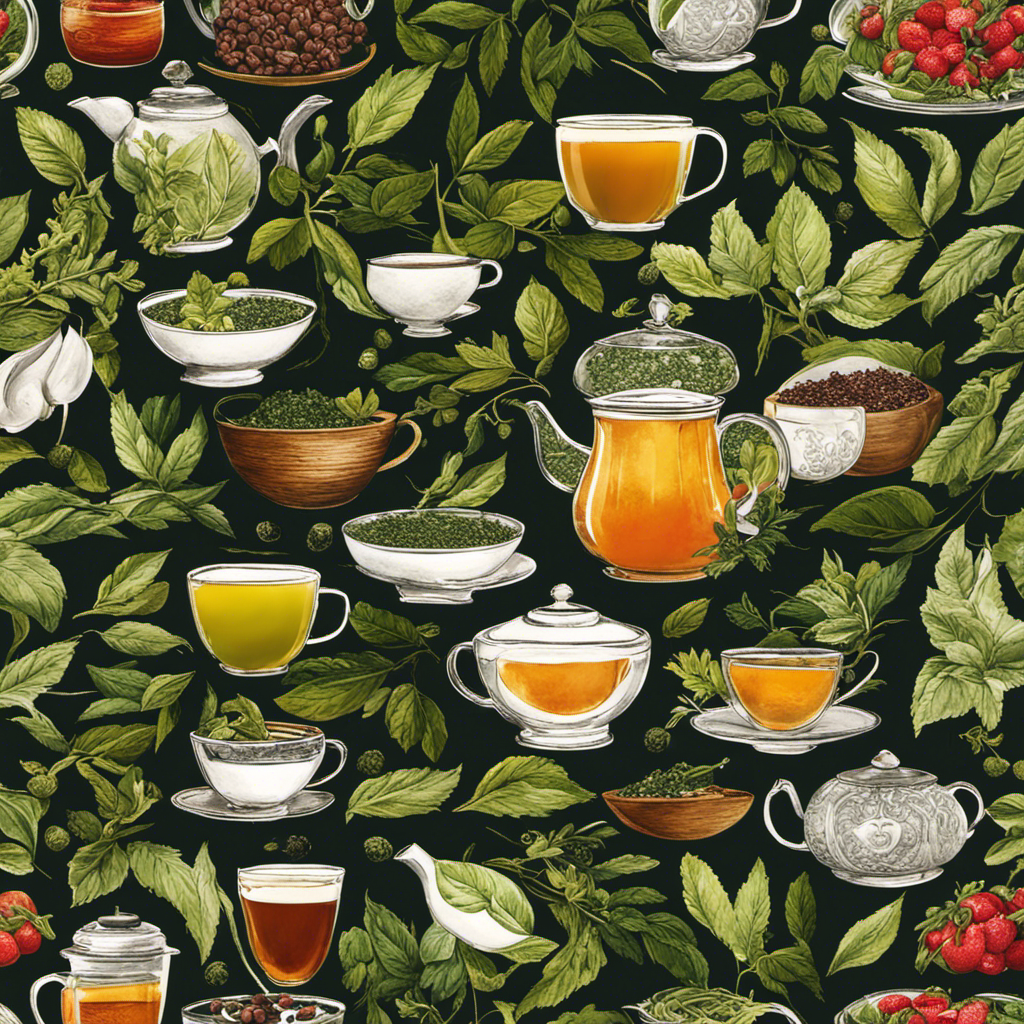An image showcasing a variety of vibrant tea leaves, such as black, green, oolong, and white, alongside fresh fruits and herbs