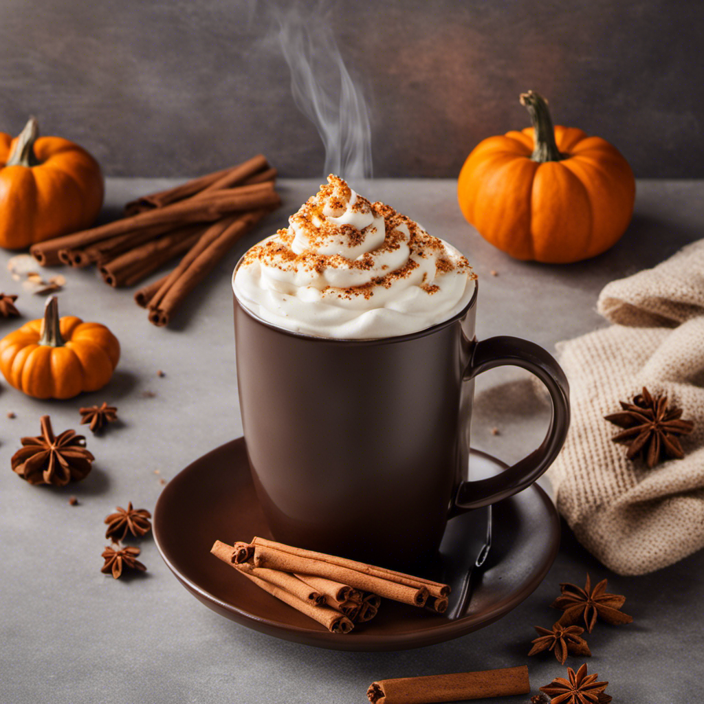 An image showcasing a cozy fall scene with a steaming Nespresso Pumpkin Spice Latte in a ceramic mug, adorned with a dollop of whipped cream, cinnamon sprinkles, and a cinnamon stick garnish