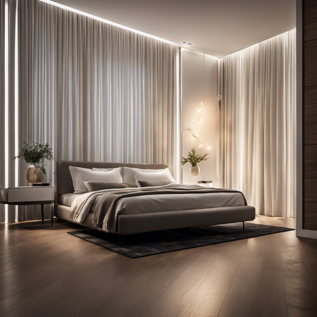 An image showcasing a modern bedroom with a serene ambiance