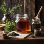 An image showcasing a rustic kitchen scene, featuring a glass jar filled with fermenting tea leaves, accompanied by a wooden spoon, vintage recipe book, and a mysterious silhouette hinting at the enigmatic inventor of Kombucha Tea