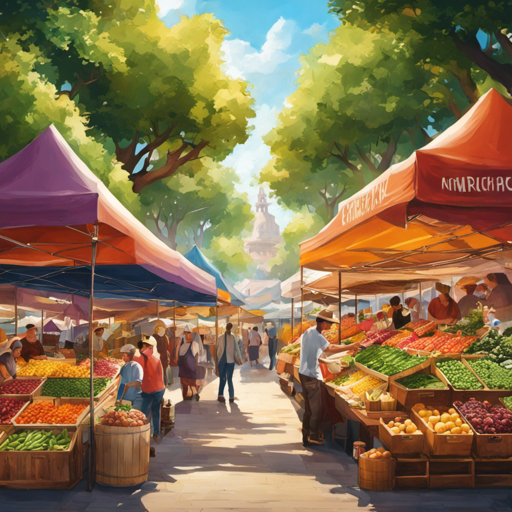 An image showcasing a vibrant, bustling farmer's market with a colorful array of stalls selling various flavors of Kombucha tea