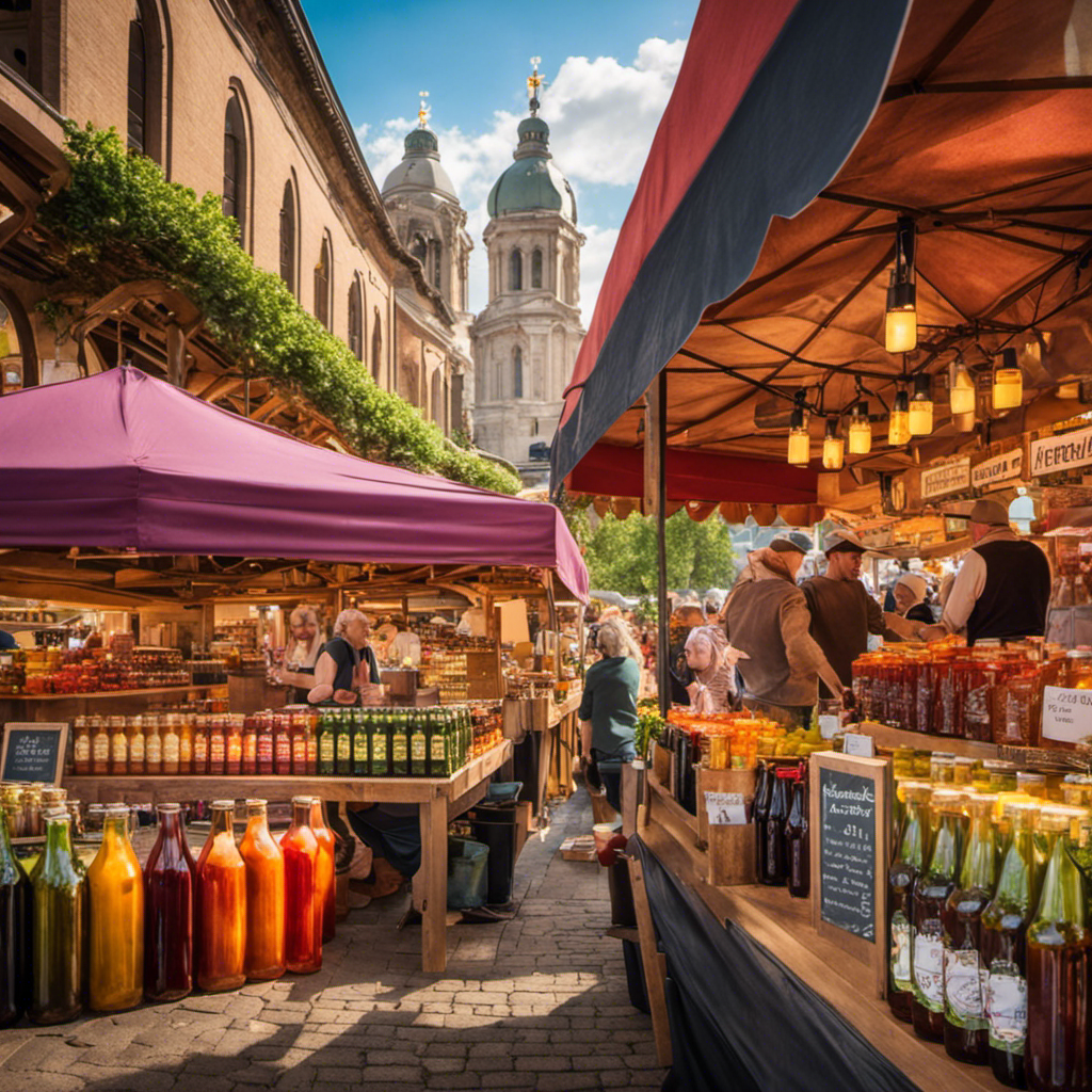 An image capturing the vibrant essence of a bustling farmers market, with rows of colorful, handcrafted bottles of kombucha tea lining an enchanting stall, surrounded by eager customers sampling the various flavors