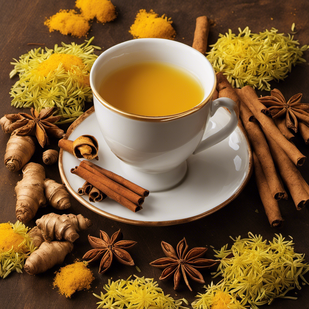 An image of a steaming cup of Whole Foods' Ginger Turmeric Fennel Cinnamon Tea, showcasing its vibrant golden hue