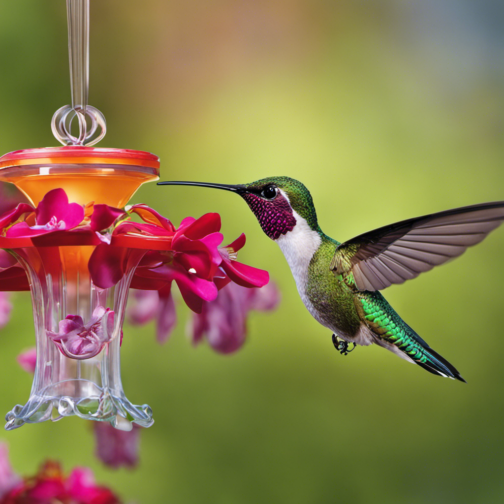 An image capturing a vibrant hummingbird hovering near a feeder filled with turbinado sugar