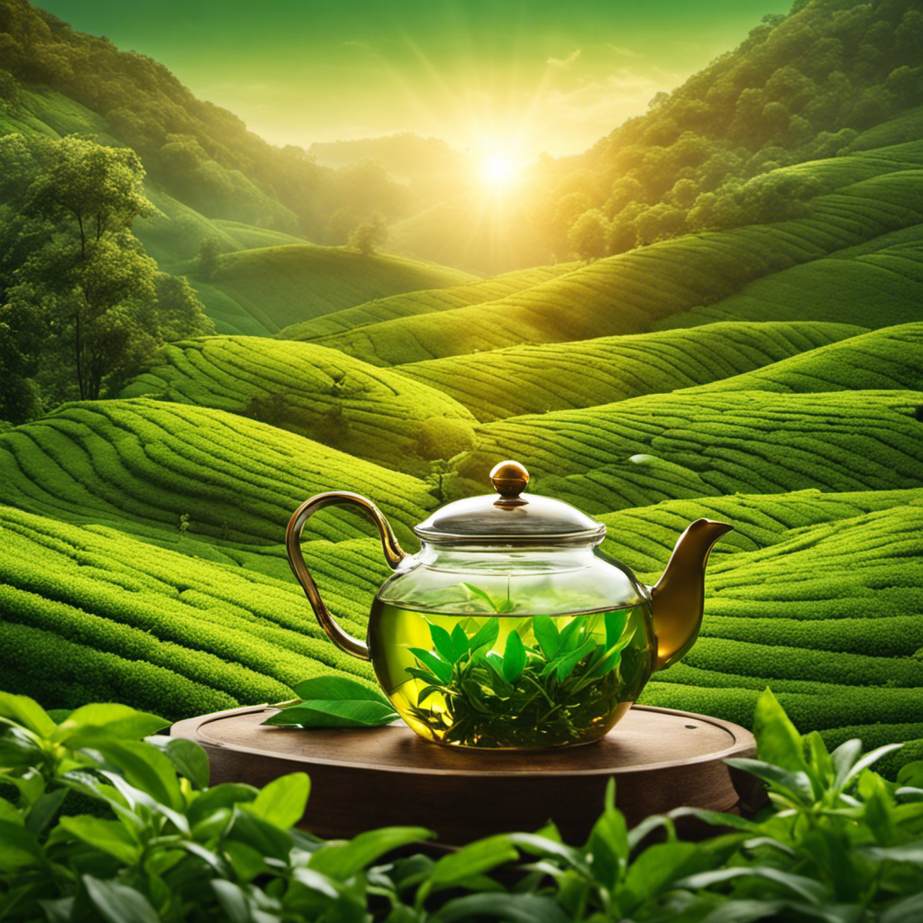 An image showcasing a vibrant tea garden with lush, emerald green tea leaves basking in the golden sunlight
