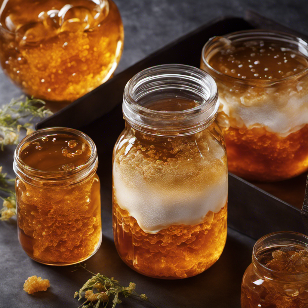 An image of a glass jar filled with a translucent, amber-colored liquid
