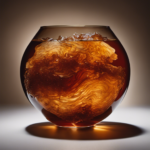 An image capturing the intricate process of Scoby formation in Kombucha tea: a translucent, gelatinous disc slowly taking shape, with porous textures, floating amidst a rich, amber brew, exuding a mysterious, otherworldly aura