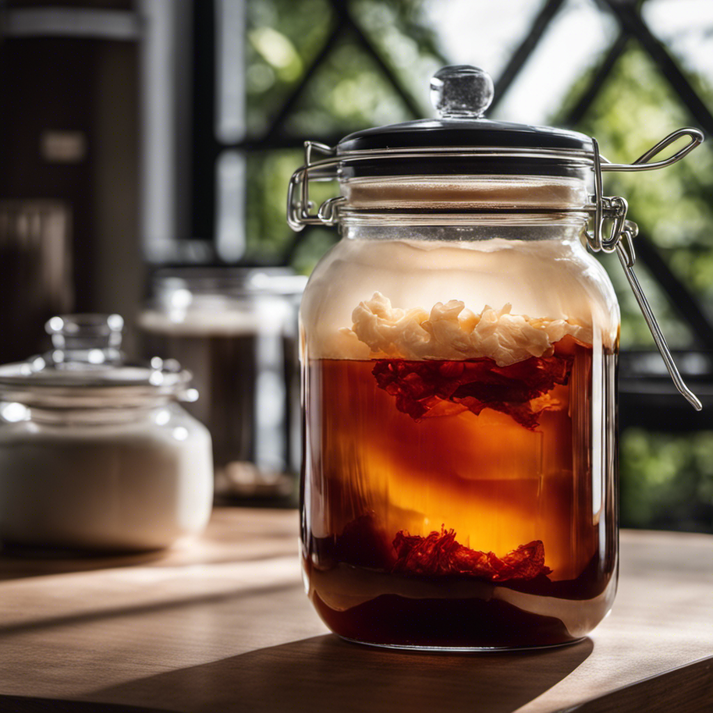 An image showcasing a glass jar filled with sweetened black tea, with a floating layer of white SCOBY (symbiotic culture of bacteria and yeast) atop the liquid, representing the essential starter tea for making Kombucha