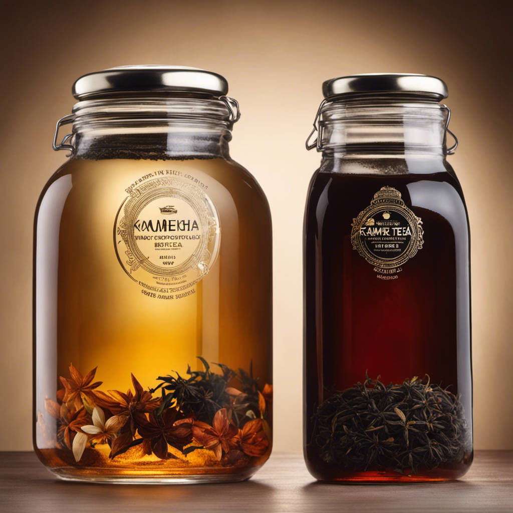 An image showcasing two glass jars side by side, one filled with dark, amber-colored liquid made from black tea, and the other with a pale, translucent liquid made from white tea, highlighting the stark contrast in appearance and implying the superiority of black tea for brewing kombucha
