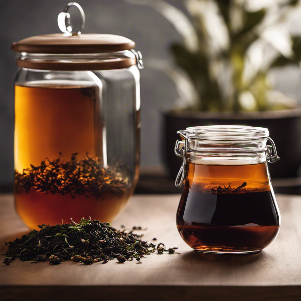 An image showcasing two glass jars side by side, one filled with dark, amber-colored liquid made from black tea, and the other with a pale, translucent liquid made from white tea, highlighting the stark contrast in appearance and implying the superiority of black tea for brewing kombucha