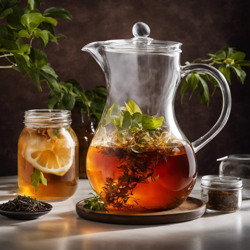 An image showcasing a glass pitcher filled with freshly brewed tea, steam rising from its surface, while a scoby floats gracefully inside