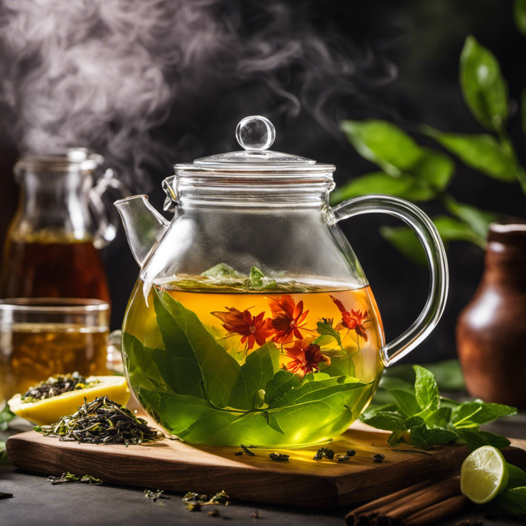 An image showcasing a steamy tea kettle pouring into a glass jar filled with a scoby, surrounded by vibrant green tea leaves