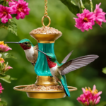 An image showcasing a vibrant turquoise hummingbird feeder, filled with nectar made from golden turbinado sugar