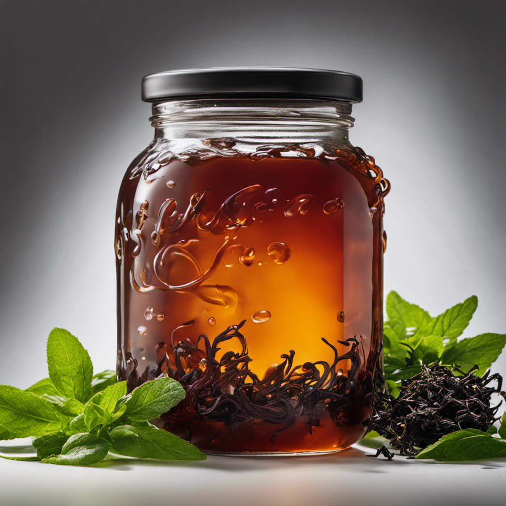 An image showcasing a glass jar filled with rich, amber-colored kombucha, brewed from black tea leaves