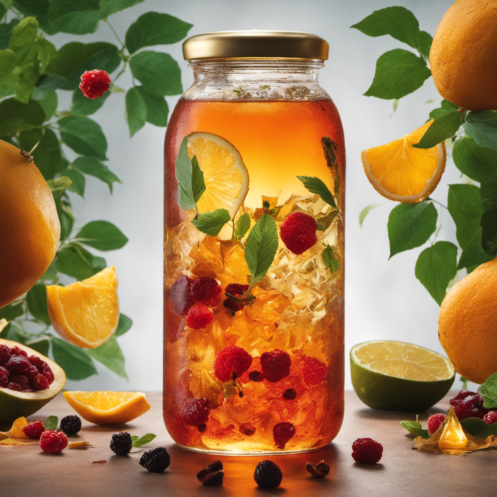 An image depicting a vibrant glass of kombucha infused with artificial flavorings, surrounded by wilted tea leaves and discarded fruit chunks to convey the negative impact of flavored tea on kombucha fermentation