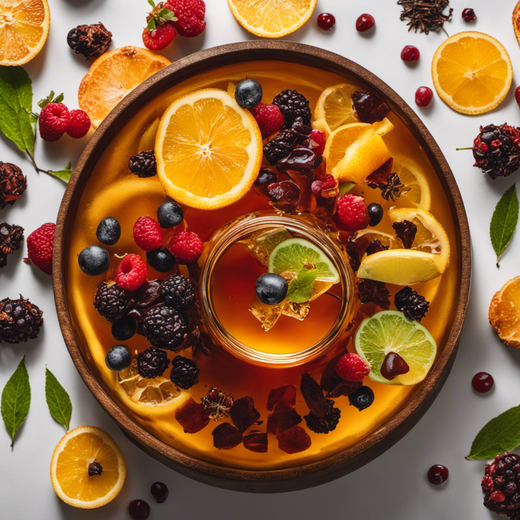 An image depicting a vibrant glass of kombucha infused with artificial flavorings, surrounded by wilted tea leaves and discarded fruit chunks to convey the negative impact of flavored tea on kombucha fermentation