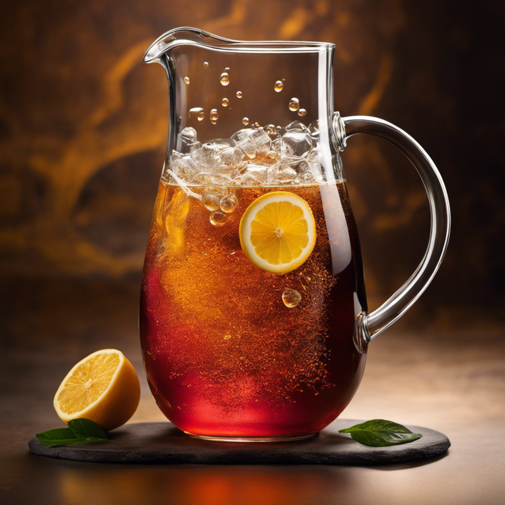 An image featuring a tall glass pitcher filled with golden-hued kombucha, made with black tea leaves