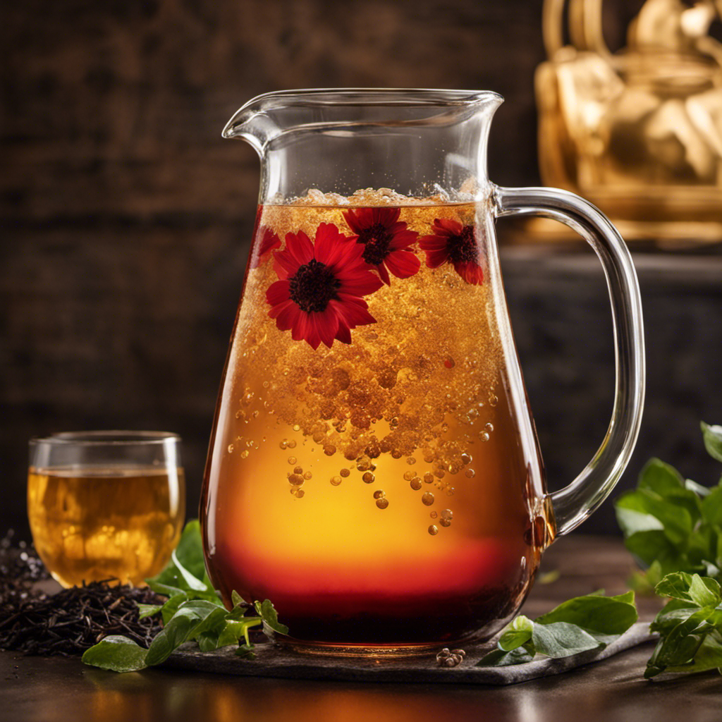 An image featuring a tall glass pitcher filled with golden-hued kombucha, made with black tea leaves