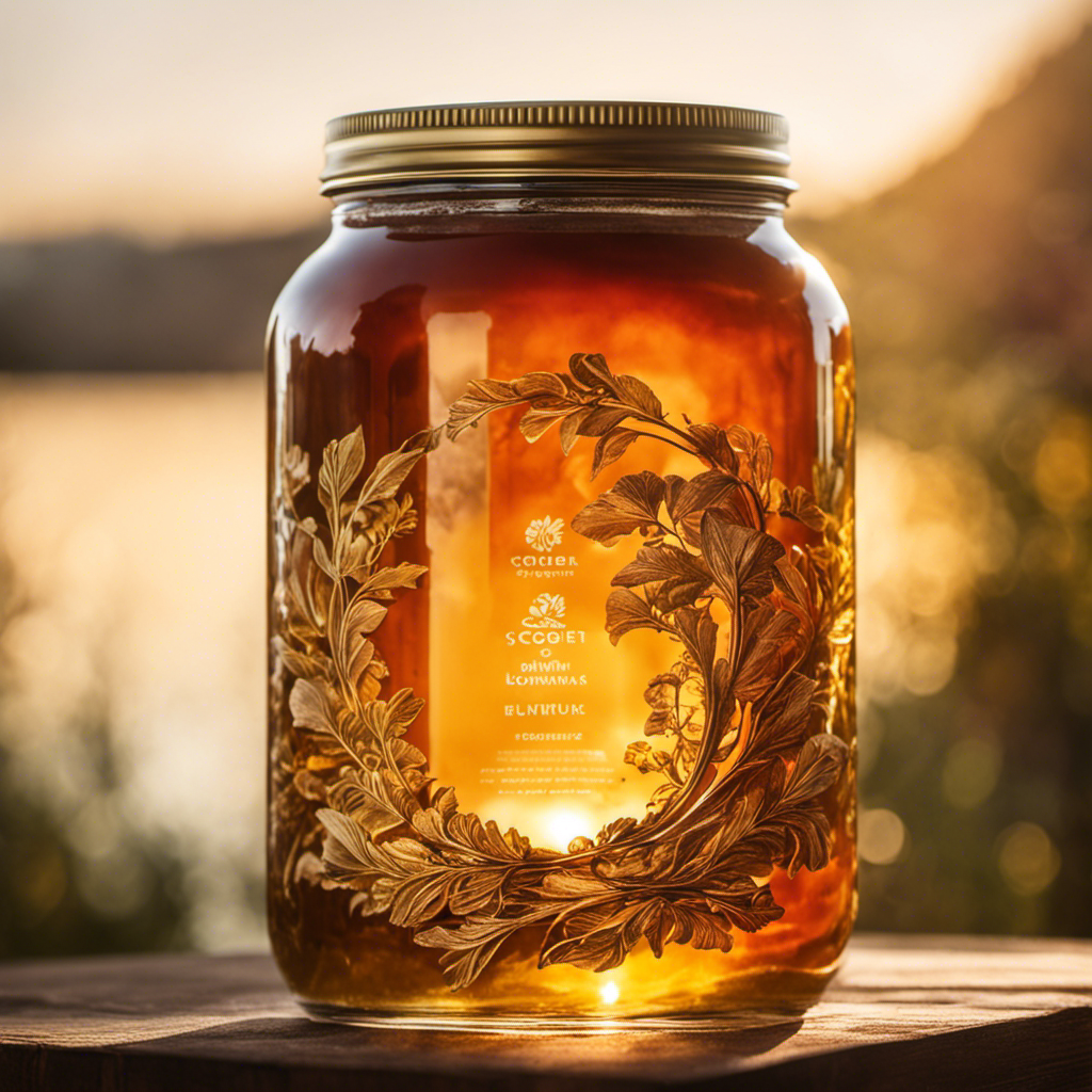 An image showcasing the intricate process of brewing kombucha, with vibrant tea leaves swirling inside a glass jar, as golden sunlight filters through the liquid, highlighting the formation of the scoby culture