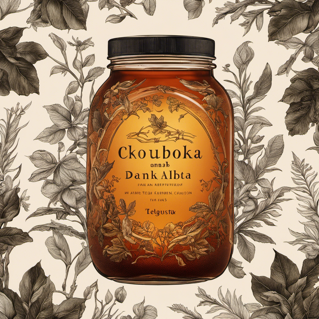 An image featuring a glass jar filled with dark amber kombucha, surrounded by abundant tea leaves, showcasing the intricate process of fermentation