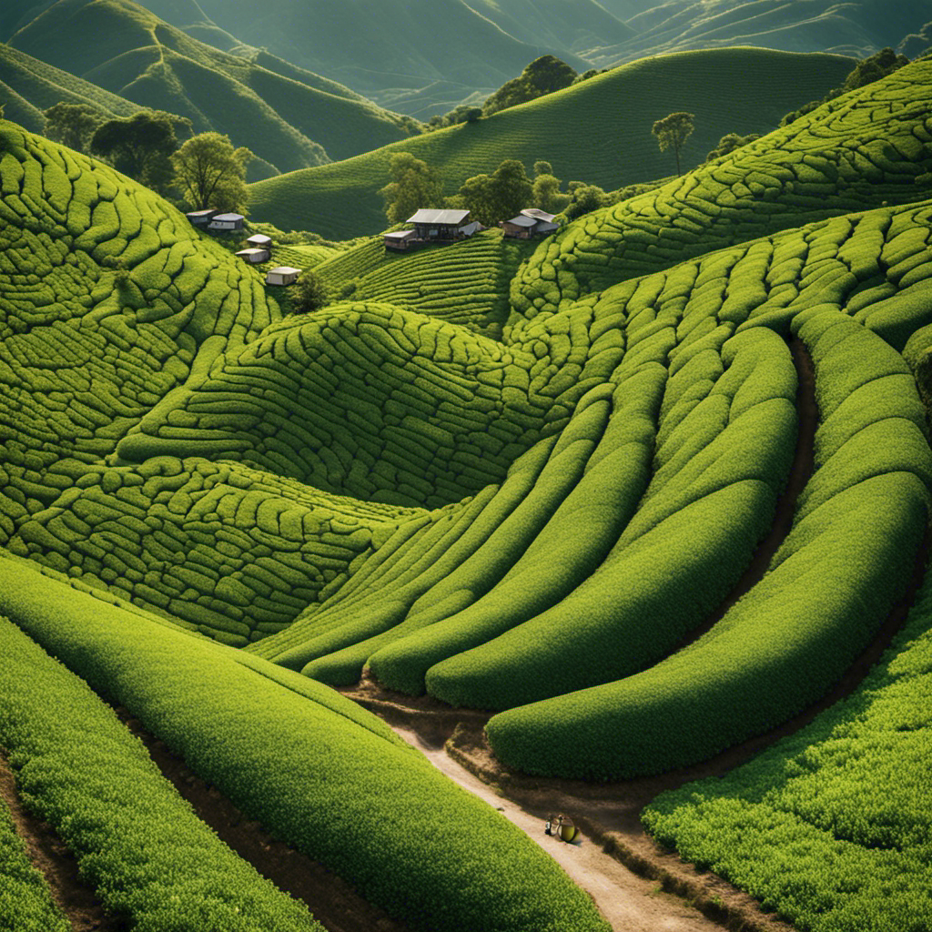 An image showcasing a serene tea plantation nestled amidst rolling hills, with tea leaves being harvested and brewed in large vats, symbolizing the connection between tea and kombucha fermentation
