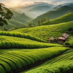 An image showcasing a serene tea plantation nestled amidst rolling hills, with tea leaves being harvested and brewed in large vats, symbolizing the connection between tea and kombucha fermentation