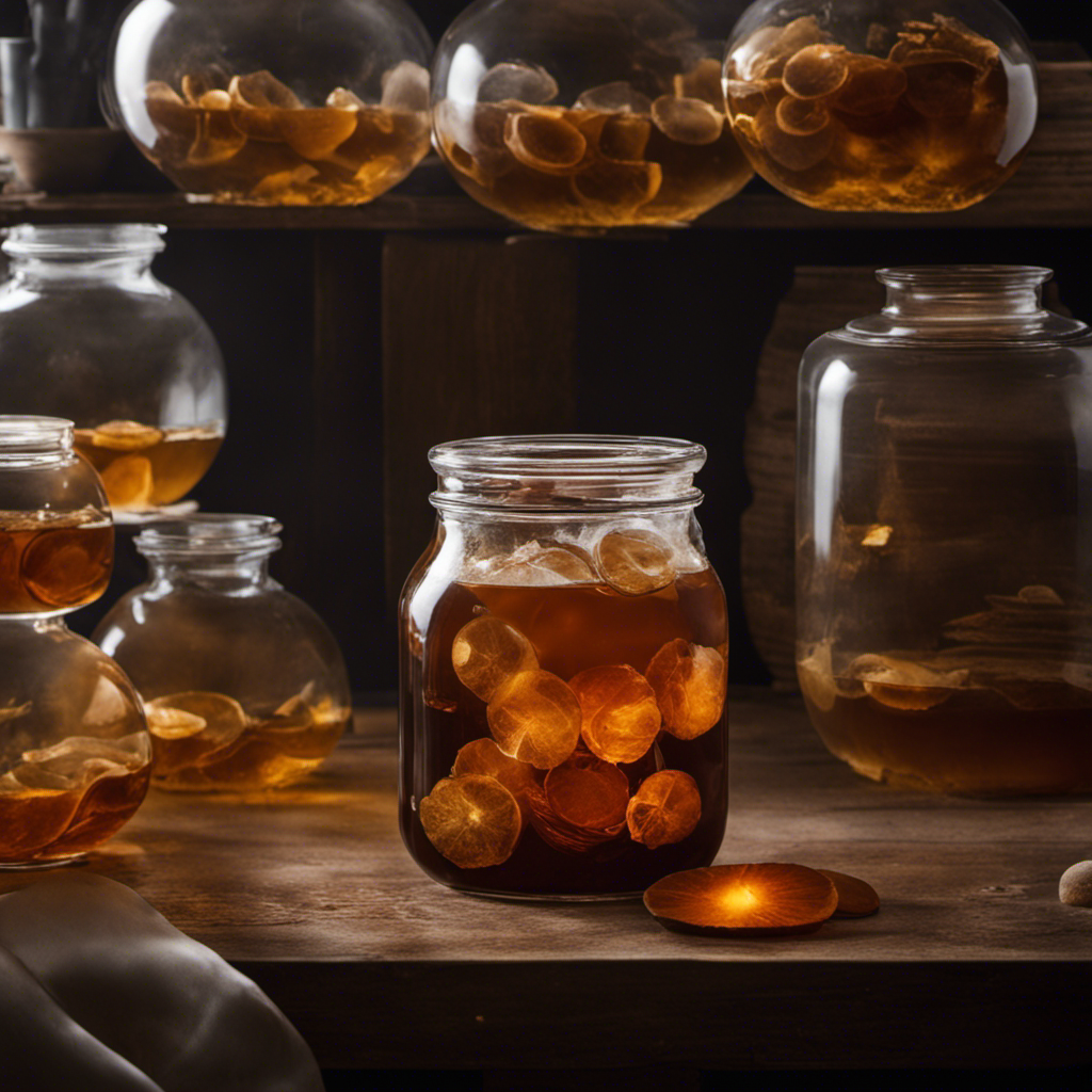 an image of a glass jar filled with murky kombucha tea, surrounded by floating scoby discs, in a dimly lit room