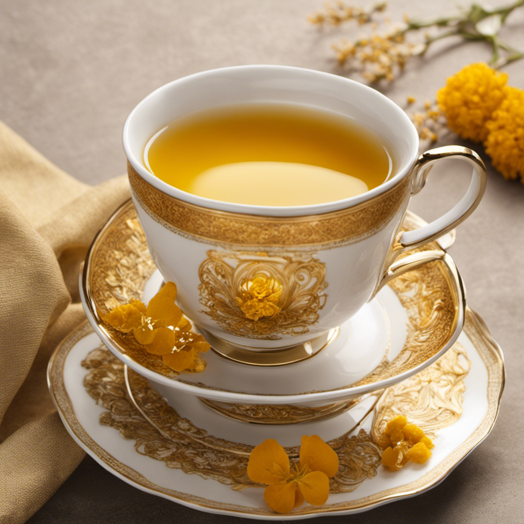 An image showcasing a steaming cup of golden tea, infused with vibrant turmeric and ginger