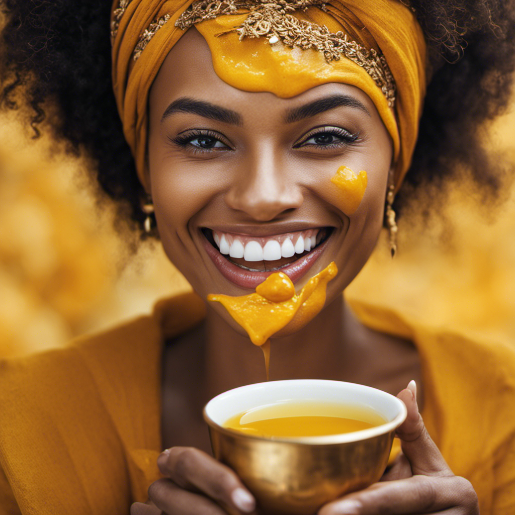 An image featuring a close-up of a smiling person with bright white teeth, holding a steaming cup of vibrant yellow turmeric tea