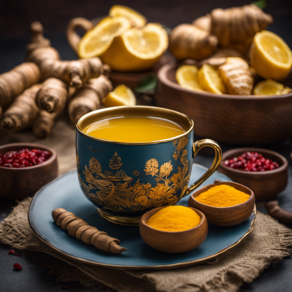 An image showcasing a serene, early morning scene with a steaming cup of ginger turmeric tea placed beside an untouched plate of food, emphasizing the question of whether this vibrant beverage breaks a fast