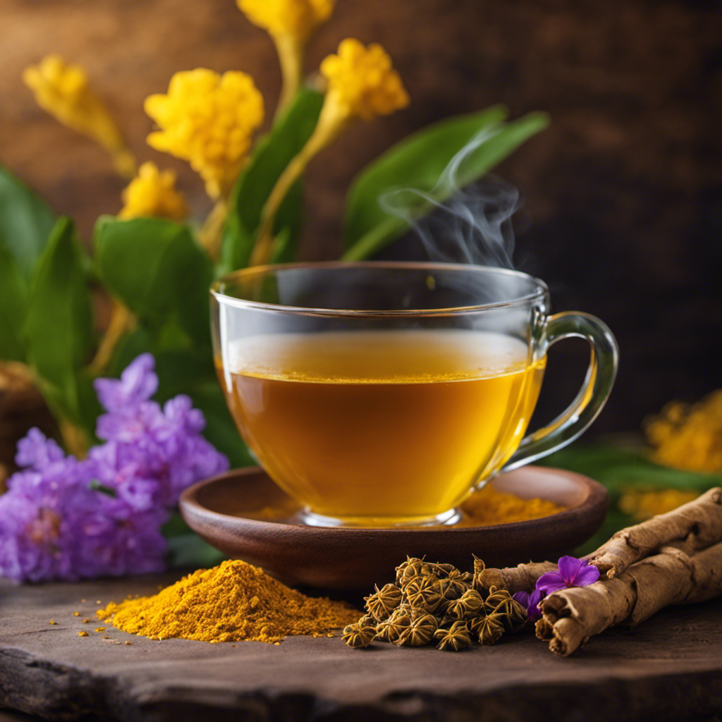 An image showcasing a serene, cozy setting: a warm cup of turmeric root tea gently steaming on a wooden table, surrounded by vibrant yellow turmeric roots, fresh green leaves, and a few delicate purple flowers