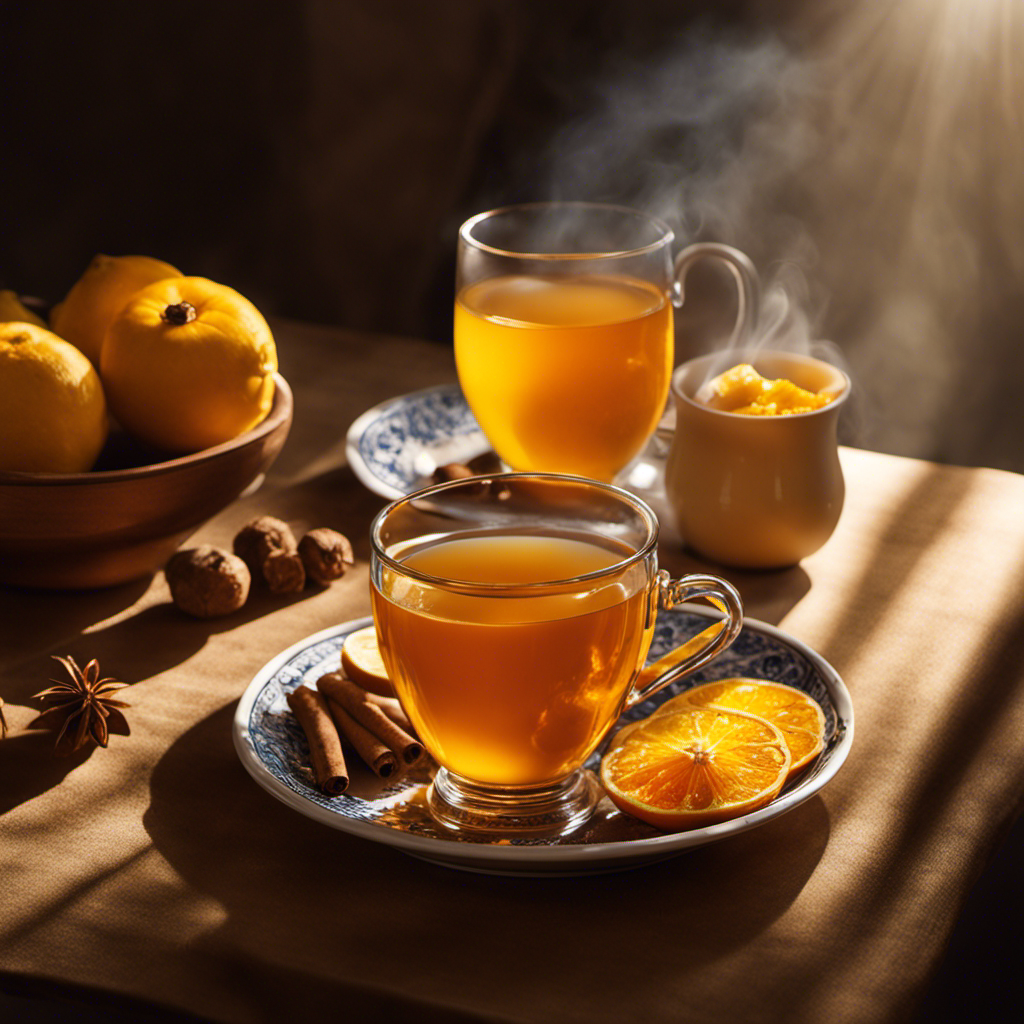 An image showcasing a serene morning scene - a steaming cup of turmeric tea placed beside an untouched plate of fruits, while rays of sunlight filter through a window, illuminating the composition