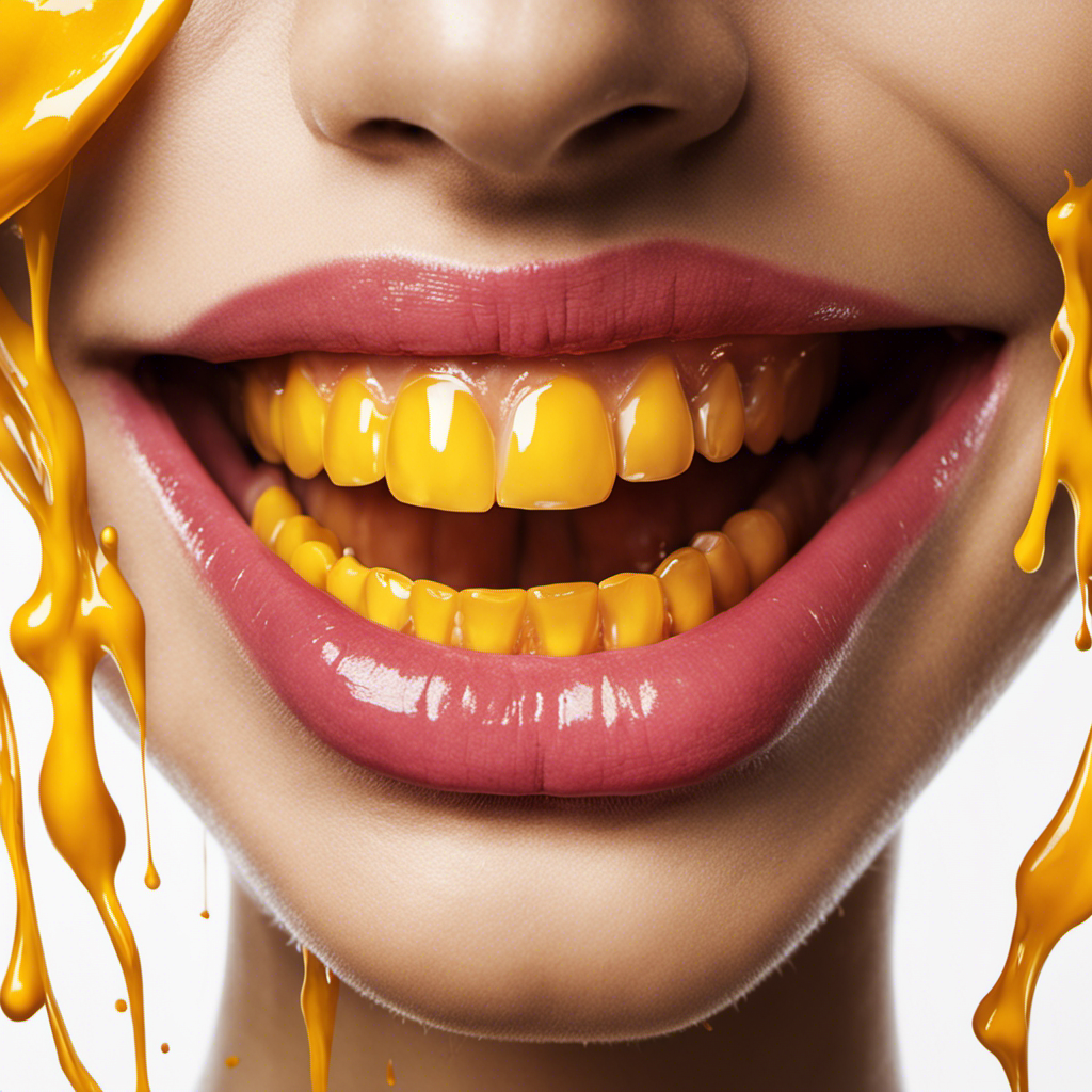 An image showcasing a close-up view of a smiling person with vibrant yellow stains on their teeth, contrasting against the pearly white enamel, suggesting the potential effect of turmeric tea staining teeth